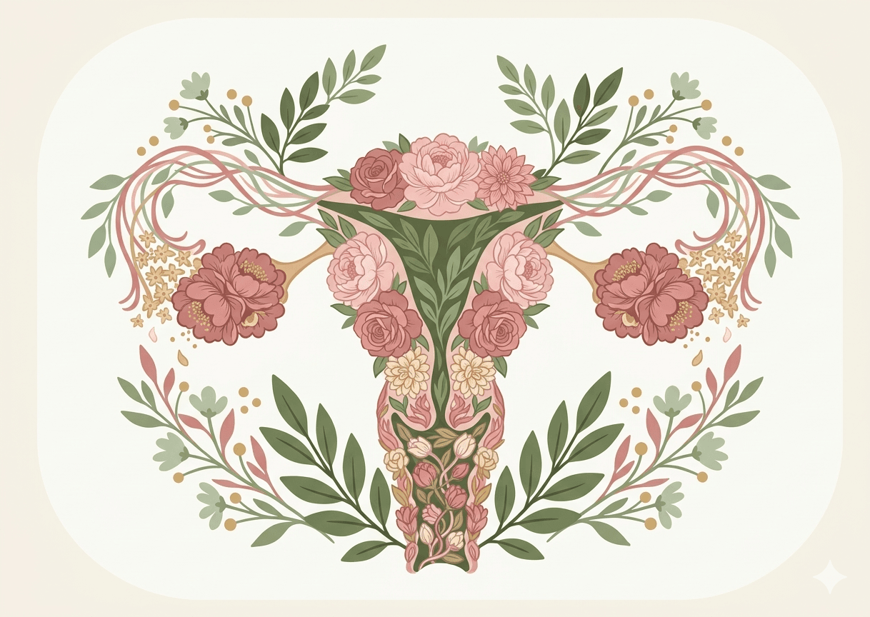 Botanical illustration of the female reproductive system surrounded by flowers and leaves