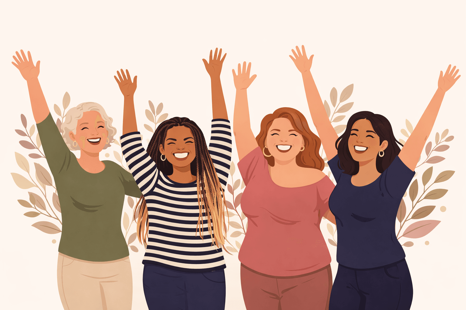 Illustration of four diverse women celebrating together with arms raised