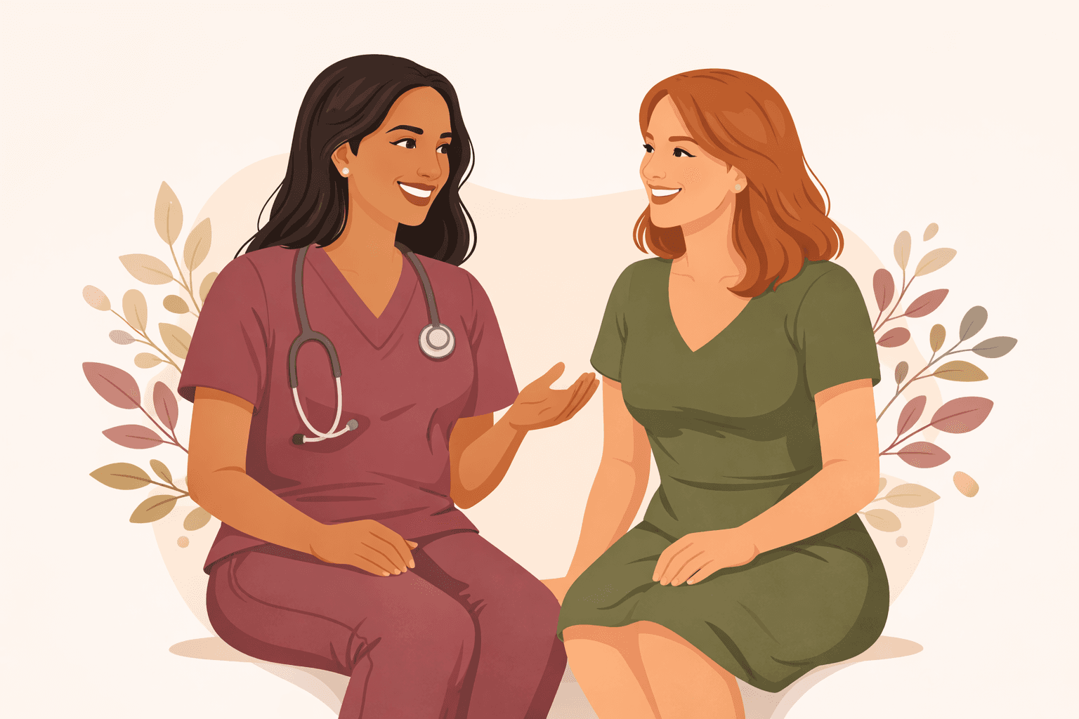 Illustration of a doctor and patient having a warm, informed conversation