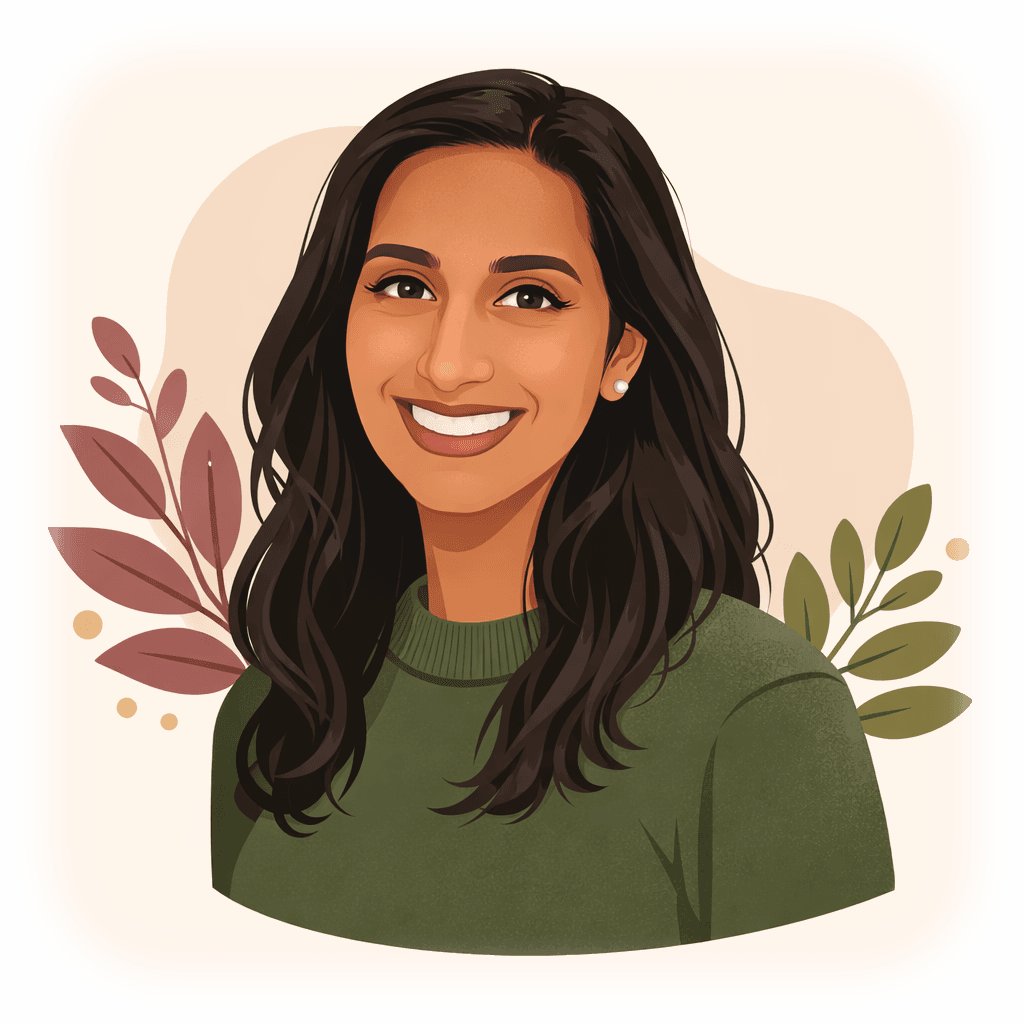 Warm illustrated portrait of a doctor with botanical leaves