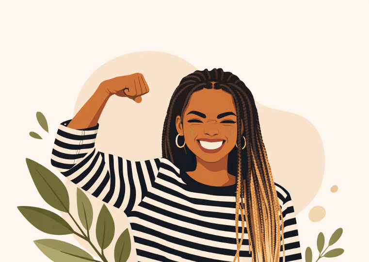 Illustrated woman flexing her arm with confidence, surrounded by botanical leaves